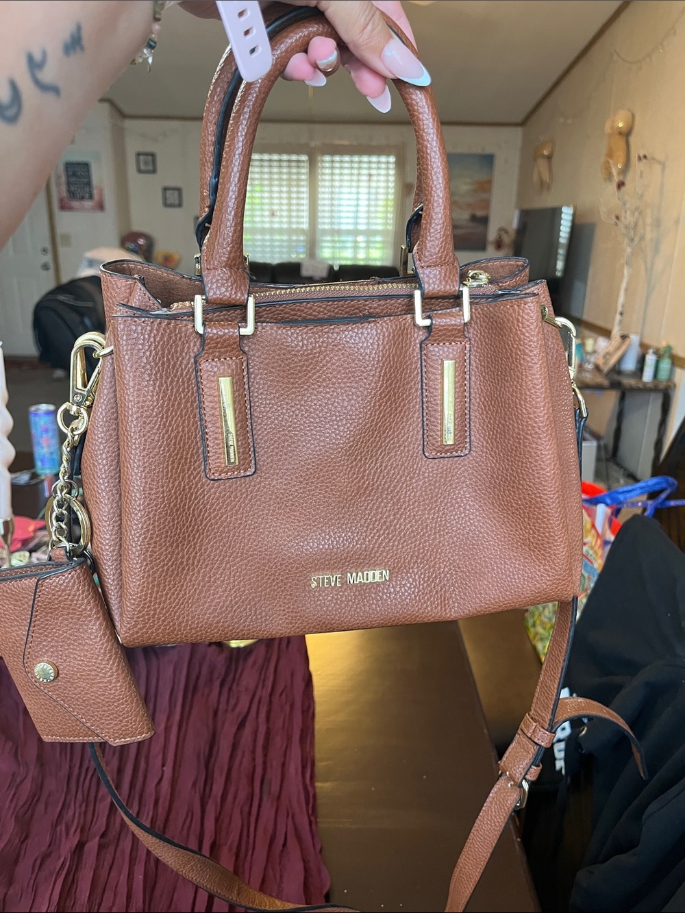 Steve Madden Chestnut Pebbled Leather Satchel with Gold Hardware